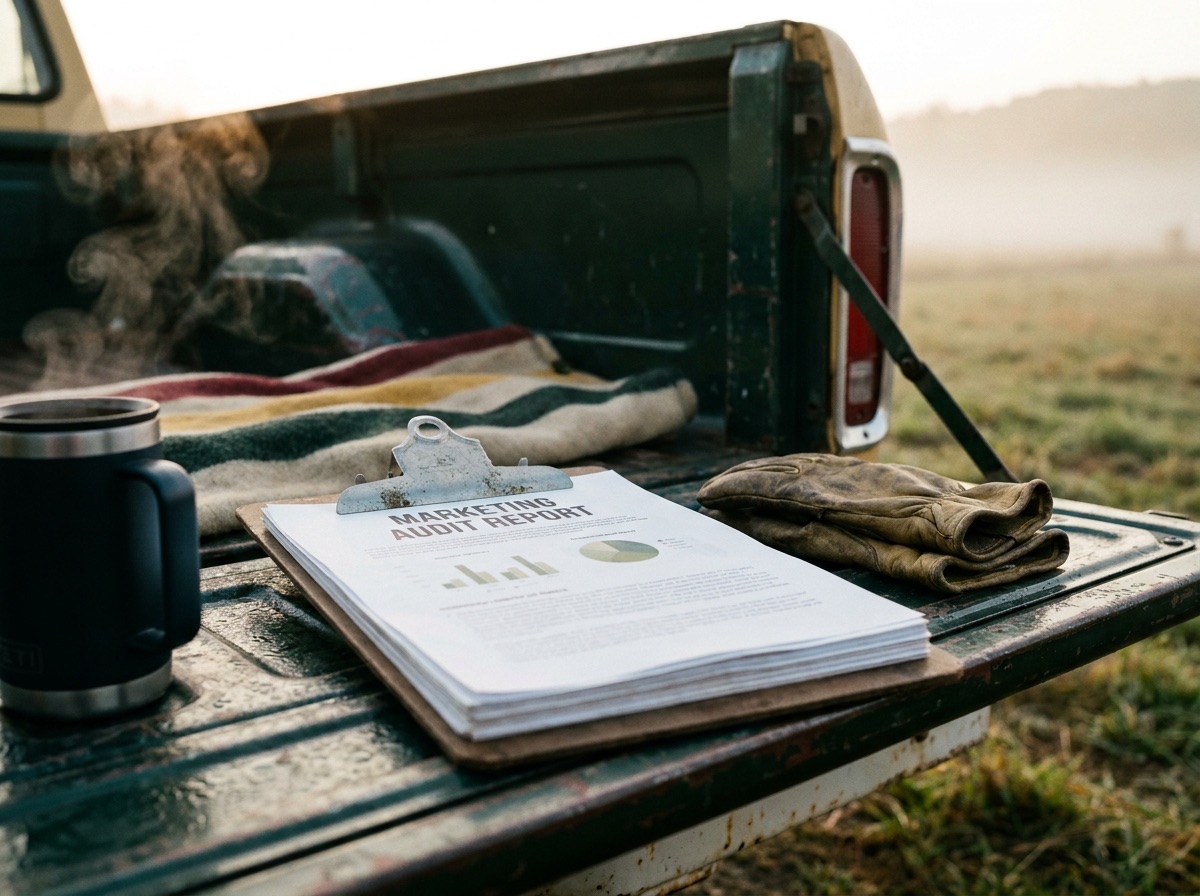 Printed marketing audit report on a clipboard resting on a truck tailgate at dawn, work gloves beside it