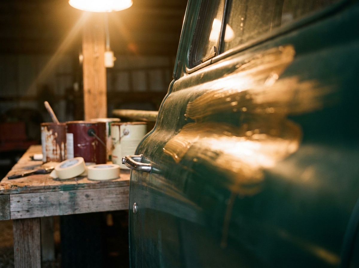 Vintage deep-green work truck door with fresh gold lettering catching early morning barn light